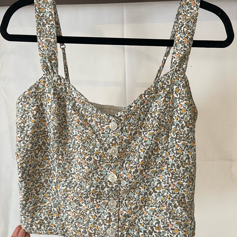 Abercrombie & Fitch Floral Print Linen Blend Smocked Back Tank Top